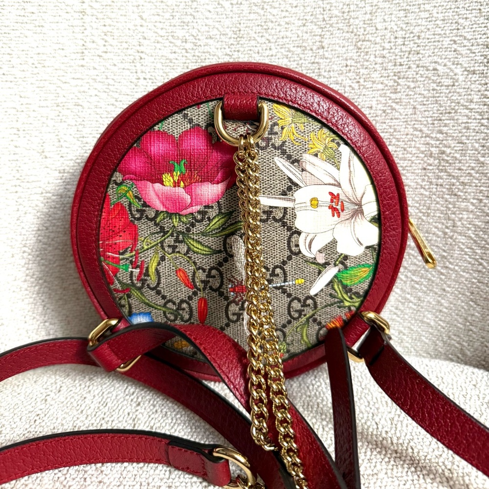 Authentic Gucci Ophidia Mini Round backpack red leather flora pattern canvas - Picture 10 of 16